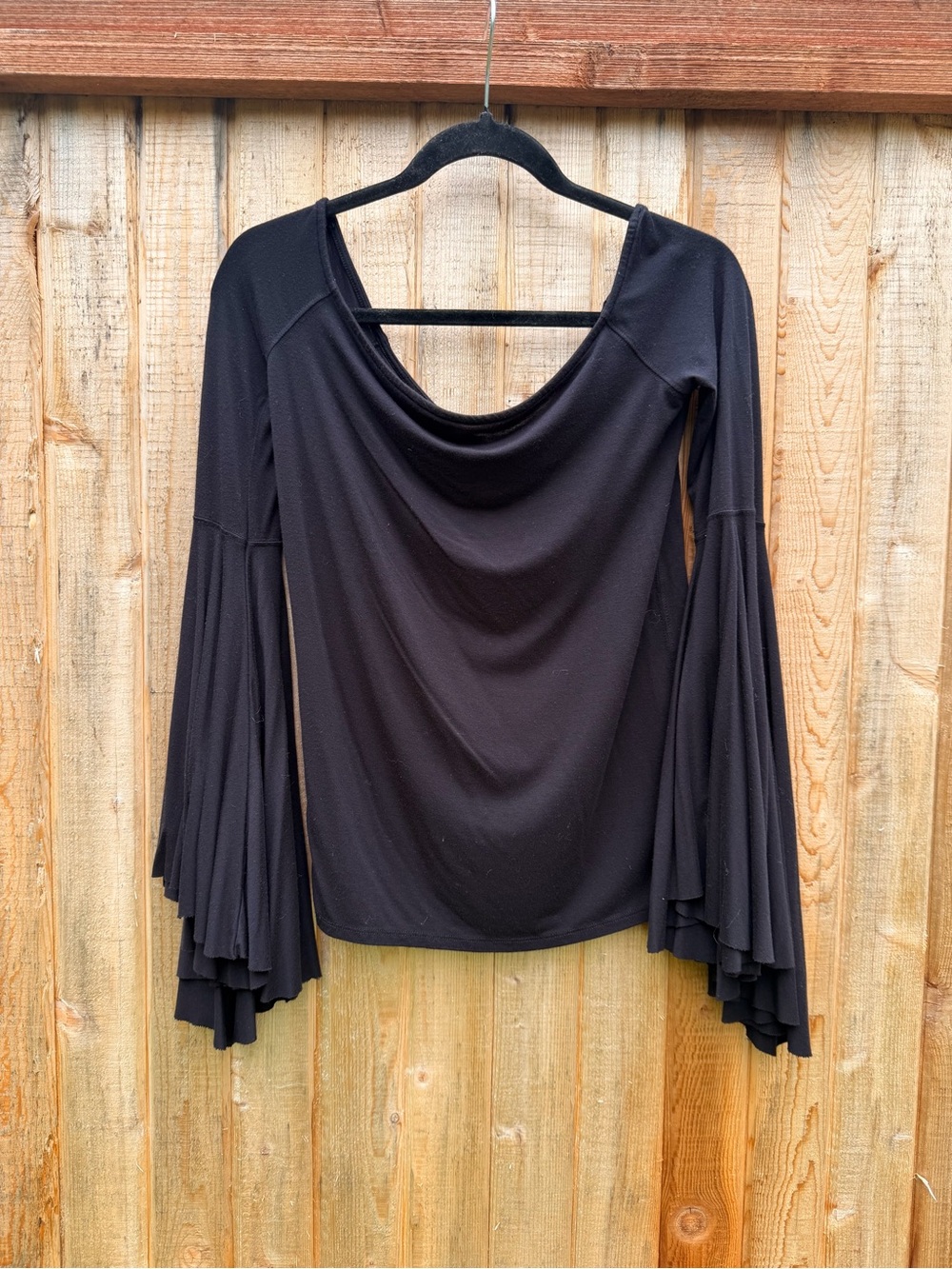 Black Draped Neck DRAMATIC Bell Sleeve Women's Top